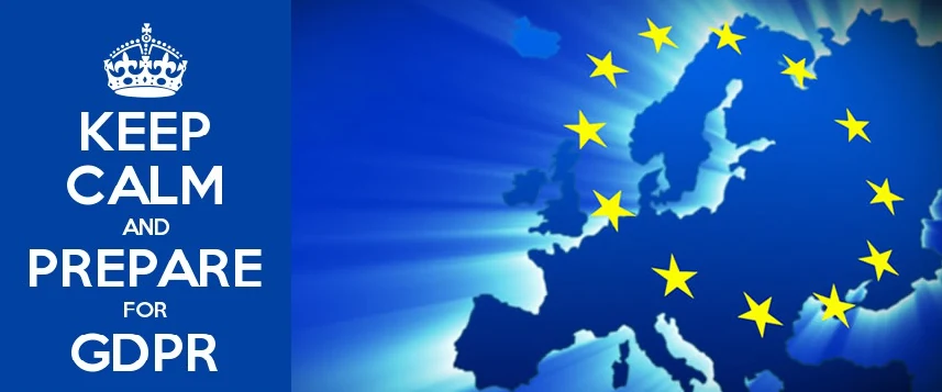 Keep calm and prepare for GDPR message beside a map of Europe and the EU stars.