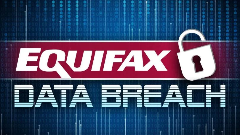 Equifax data breach illustration with a padlock and digital background.