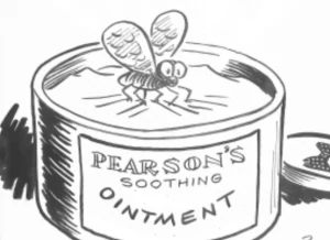 Pearson’s Soothing Ointment tin, illustrating the phrase flies in the ointment.